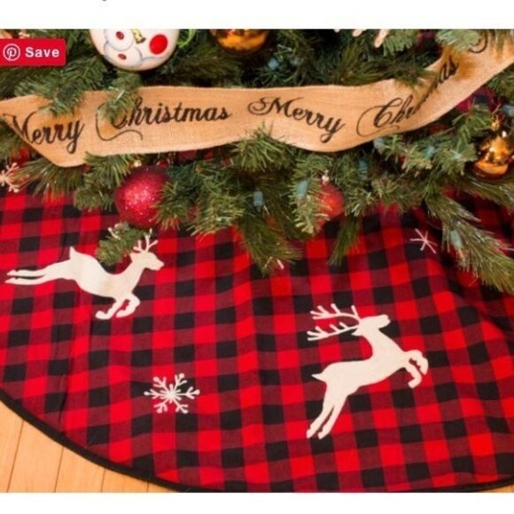 Buffalo Check Treeskirt Rustic Holiday Decor Reindeer Snowflakes - Picture 2 of 10